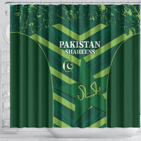 Green Pakistan Shaheens shower curtain panel with gold rays, moon icon, and text
