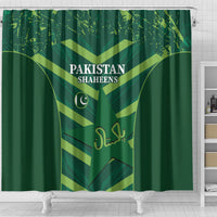 Green Pakistan Shaheens shower curtain with central crest, moon symbol, and Urdu script