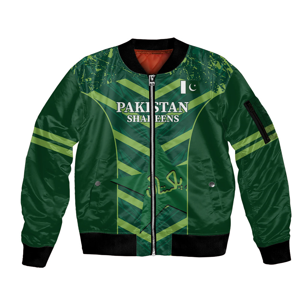 Green zip bomber jacket with front crest and sporty Pakistan-themed graphic