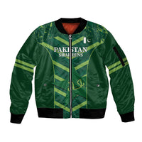 Green zip bomber jacket with front crest and sporty Pakistan-themed graphic