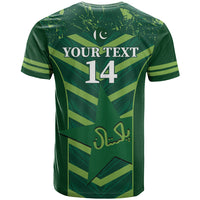 Green cricket T-shirt with YOUR TEXT 14 and Pakistan flag graphic on back