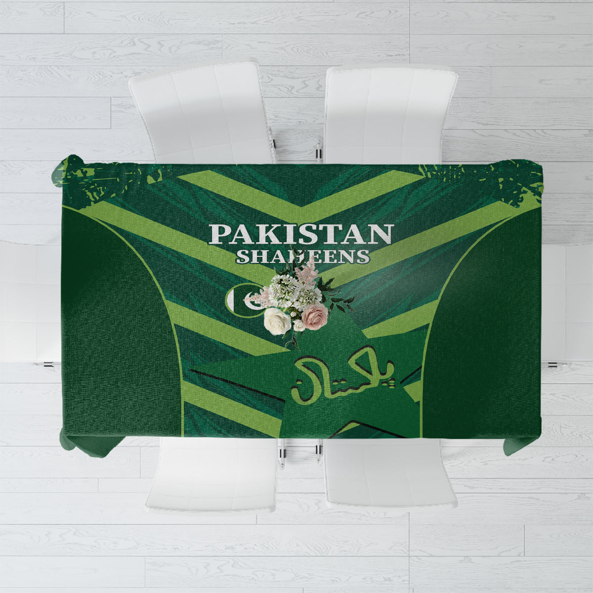 Green tablecloth with 'Pakistan Shaheens' front graphic and fan pattern, rectangular