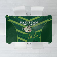 Green tablecloth with 'Pakistan Shaheens' front graphic and fan pattern, rectangular
