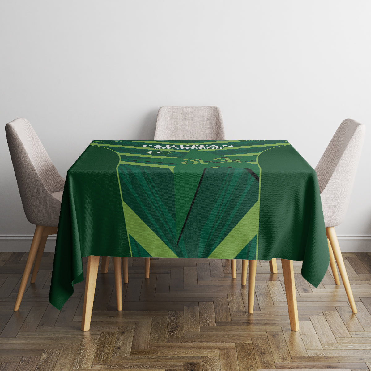 Green Pakistan Shaheens tablecloth with geometric fan design, rectangular cover