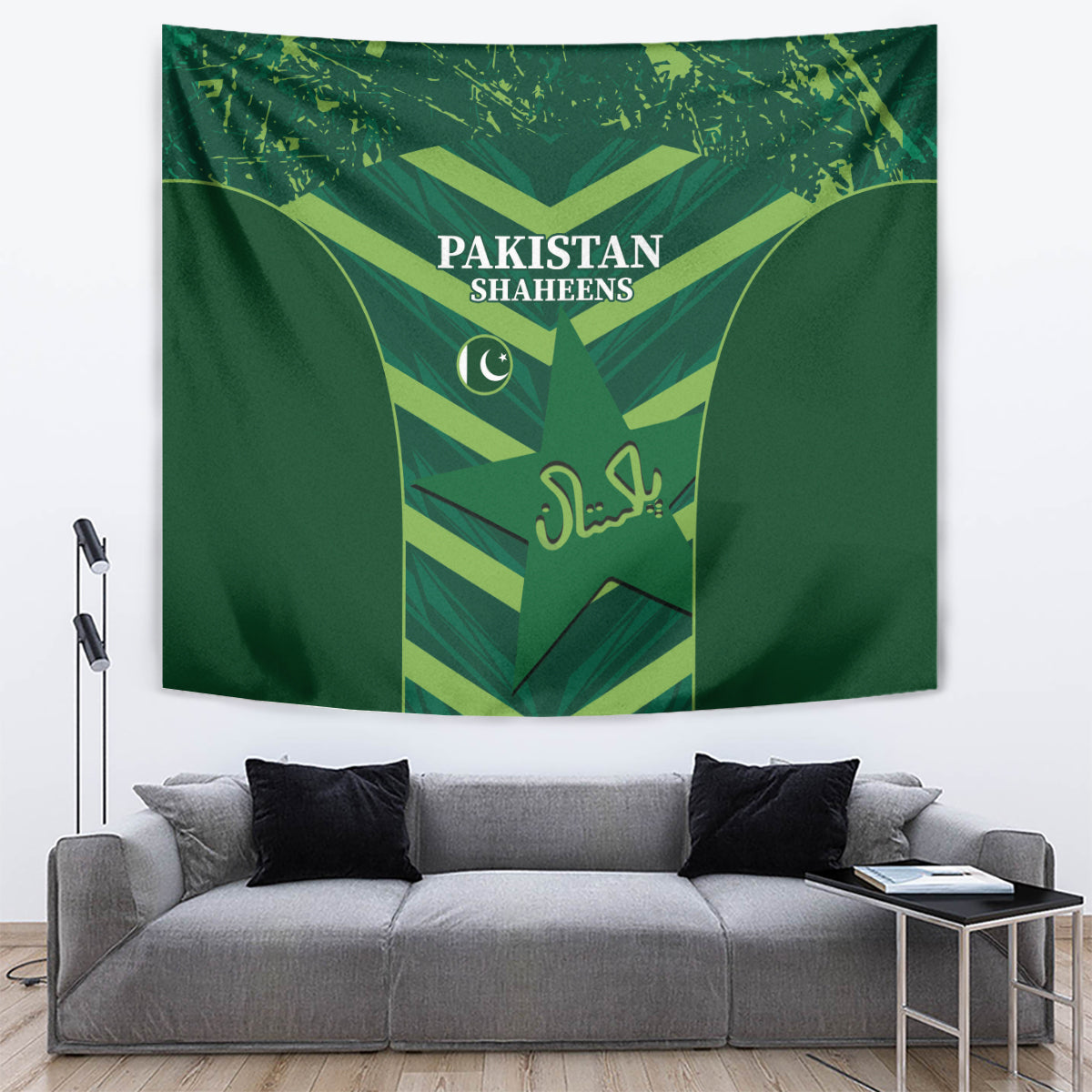 Green Pakistan Shaheens world cup tapestry with central shield and crescent graphic