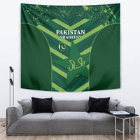 Green Pakistan Shaheens world cup tapestry with central shield and crescent graphic
