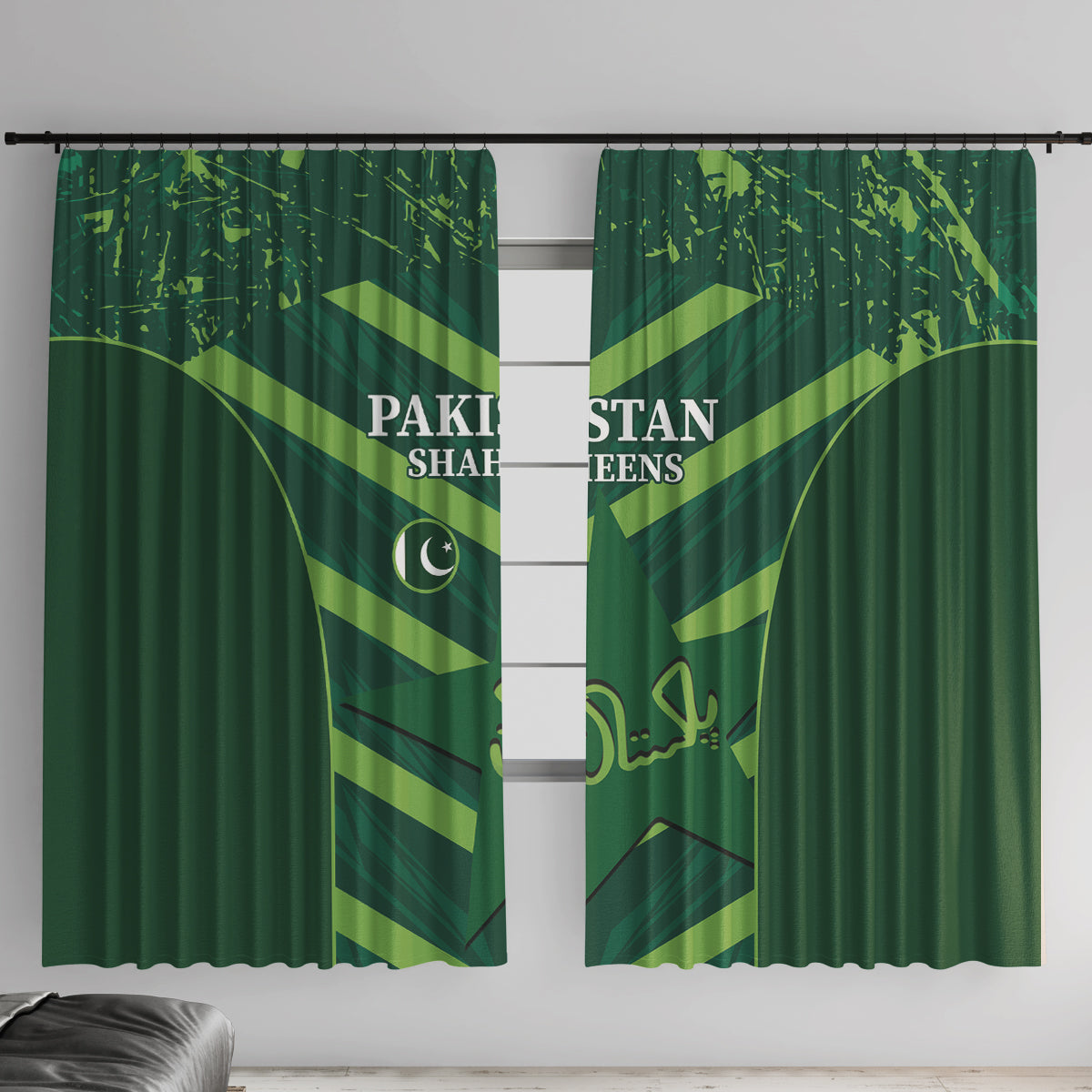 Green window curtain panels with Pakistan Shaheens print and geometric rays