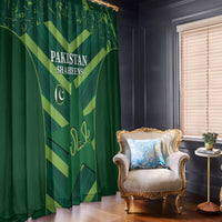 Green window curtain with Pakistan Shaheens text and crest, full-length hanging