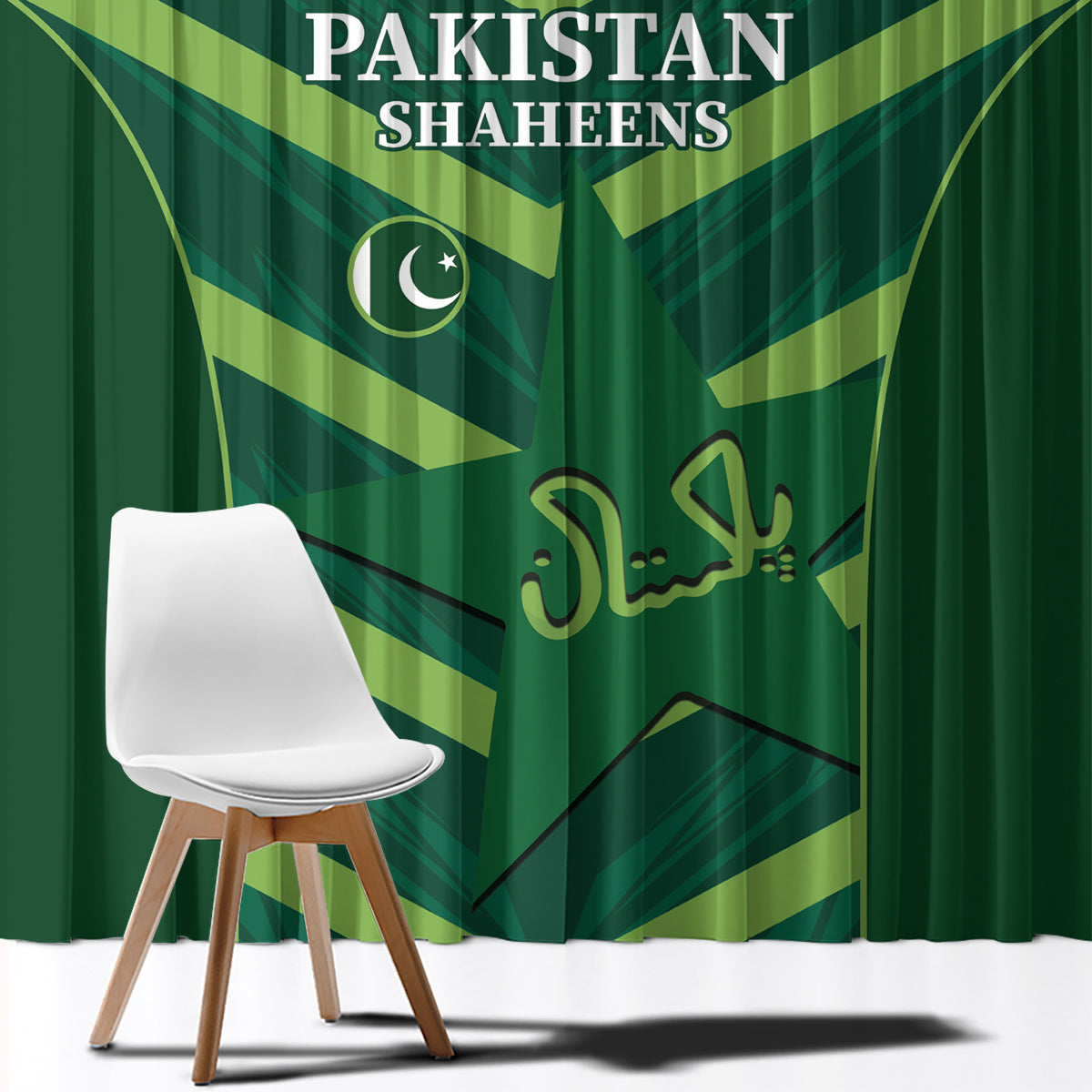 Green curtain fabric with Pakistan Shaheens logo, text, and crest graphic