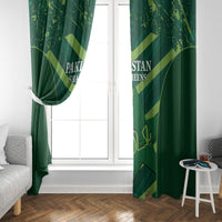 Green window curtain pair with Pakistan Shaheens text and crest design