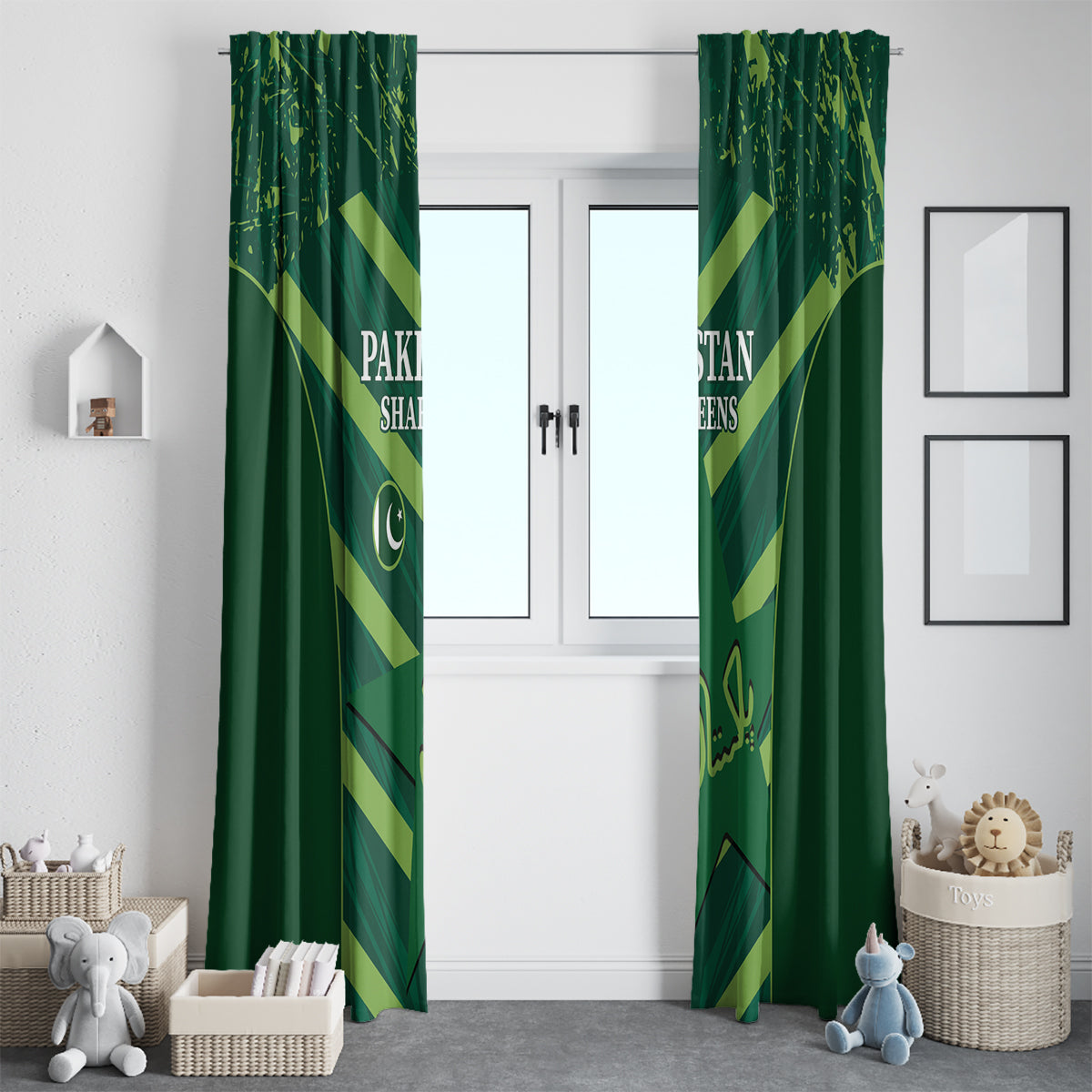 Green window curtain panels with Pakistan Shaheens lettering and emblem graphics