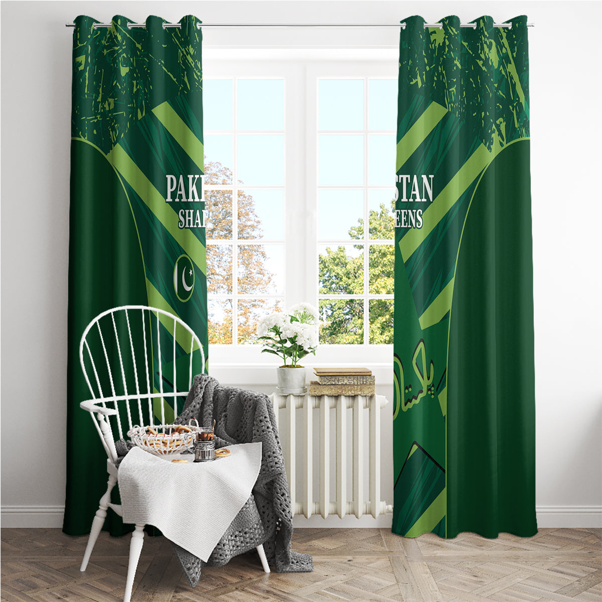 Green window curtain panels with Pakistan Shaheens print and geometric stripe motif