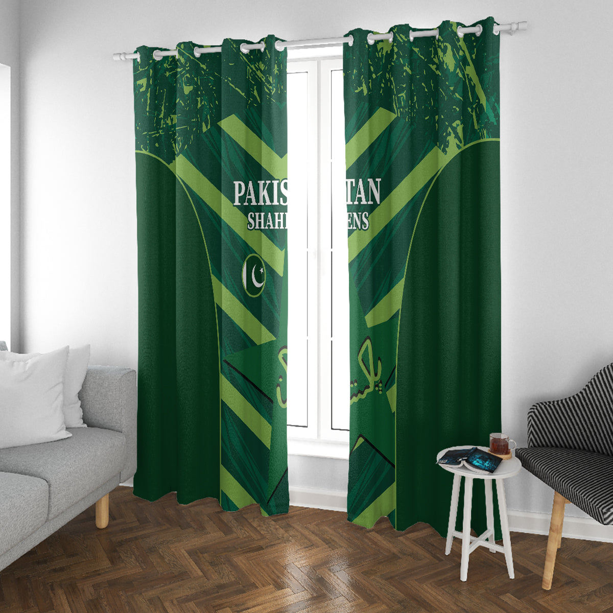 Green window curtain panels with Pakistan Shaheens print, grommet top header