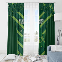 Green window curtain with Pakistan Shaheens print and grommet top, sheer behind