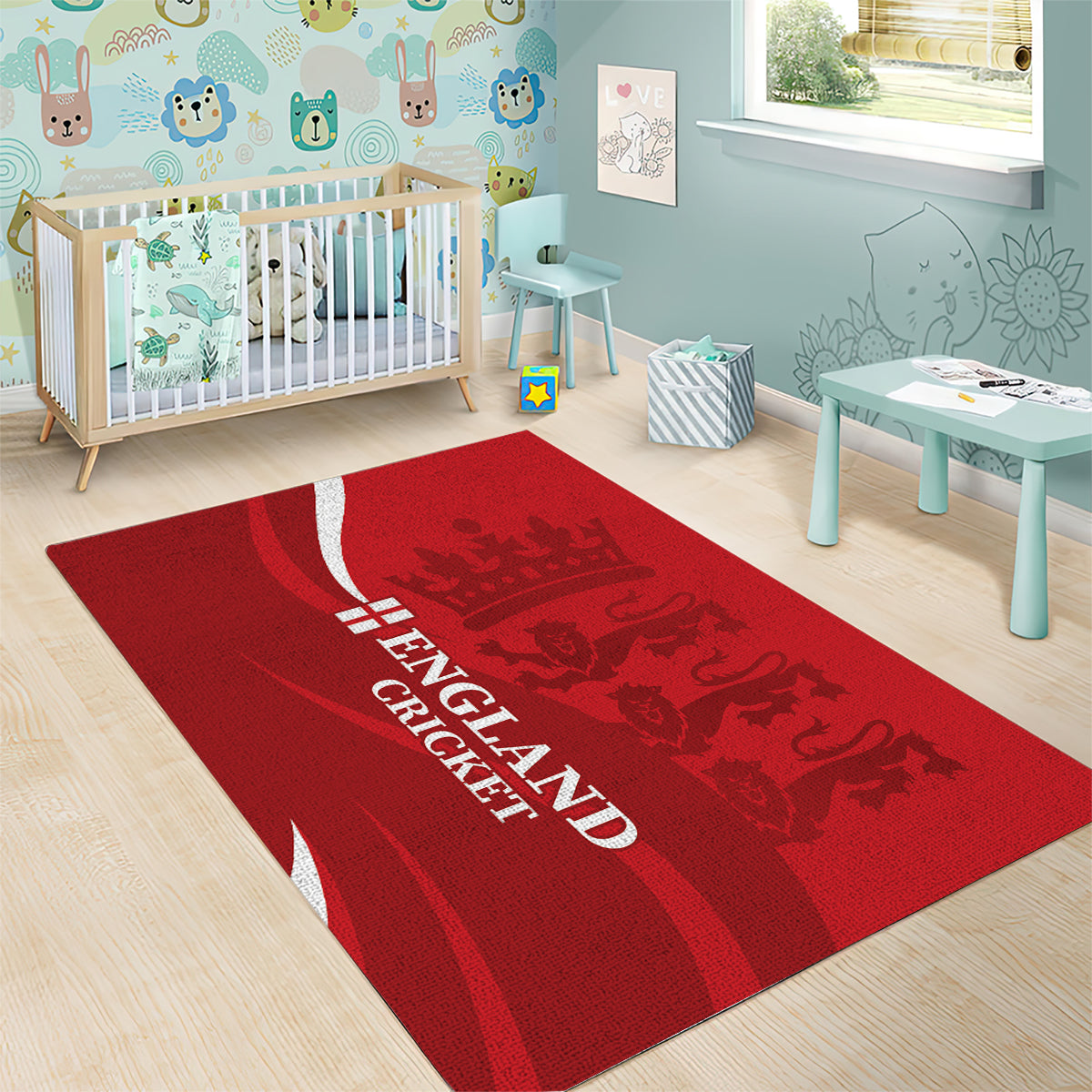 Red England cricket area rug with white text and bold diagonal chevron stripe