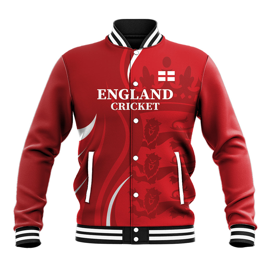 Red England Cricket baseball jacket, button-front, striped ribbed collar and cuffs