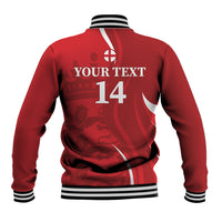 Red baseball jacket back, YOUR TEXT and number 14 crest, striped ribbed collar