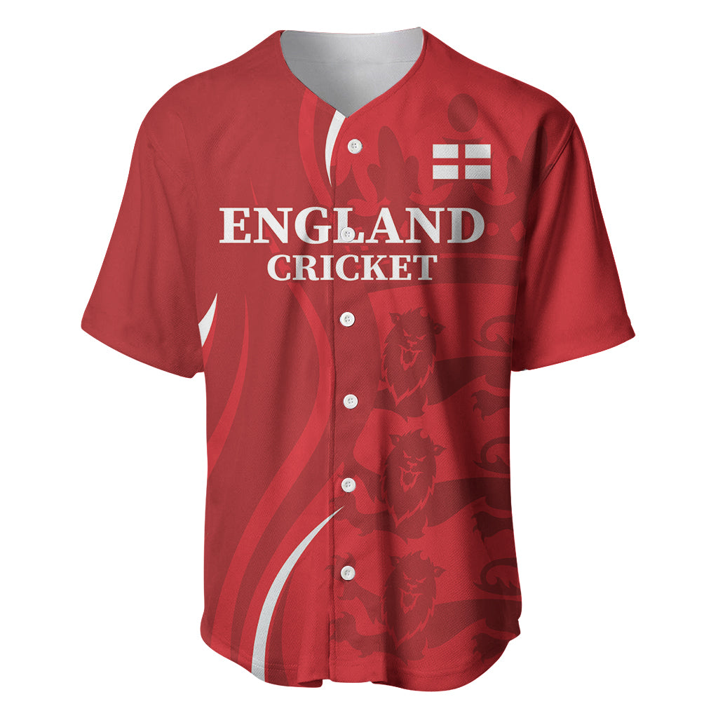 Red England Cricket baseball jersey with button front and lions crest graphic