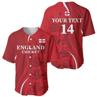 Red England Cricket baseball jersey with button front, lions graphic, number 14