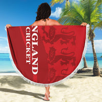 Red circular cricket beach blanket with England text and large lion-crown graphic, fringed