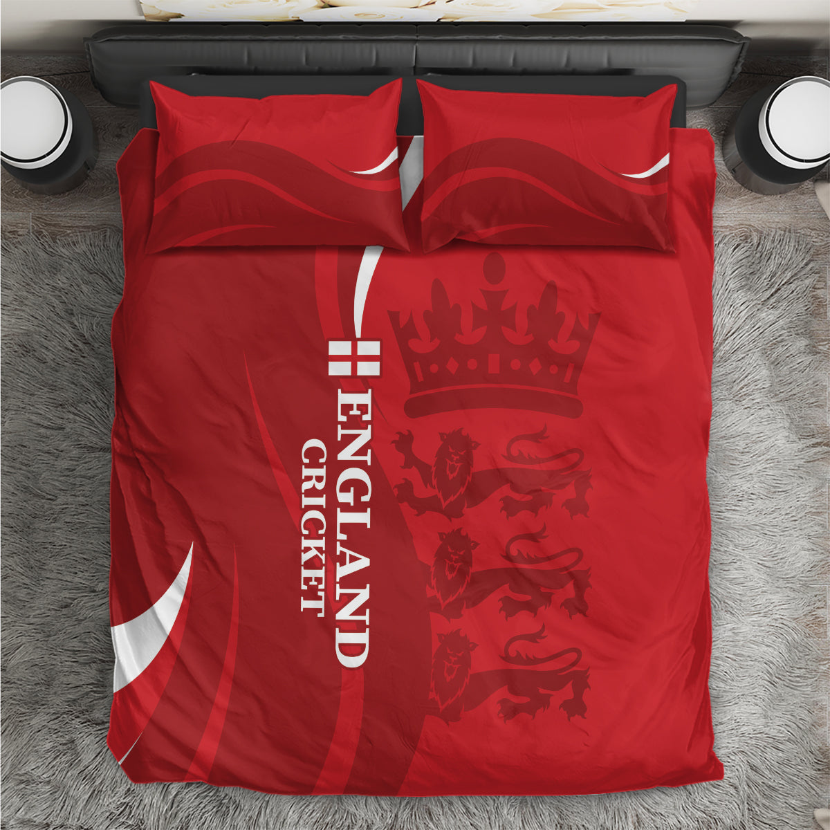 Red duvet cover with 2 pillowcases featuring England cricket text and lion/crown graphics