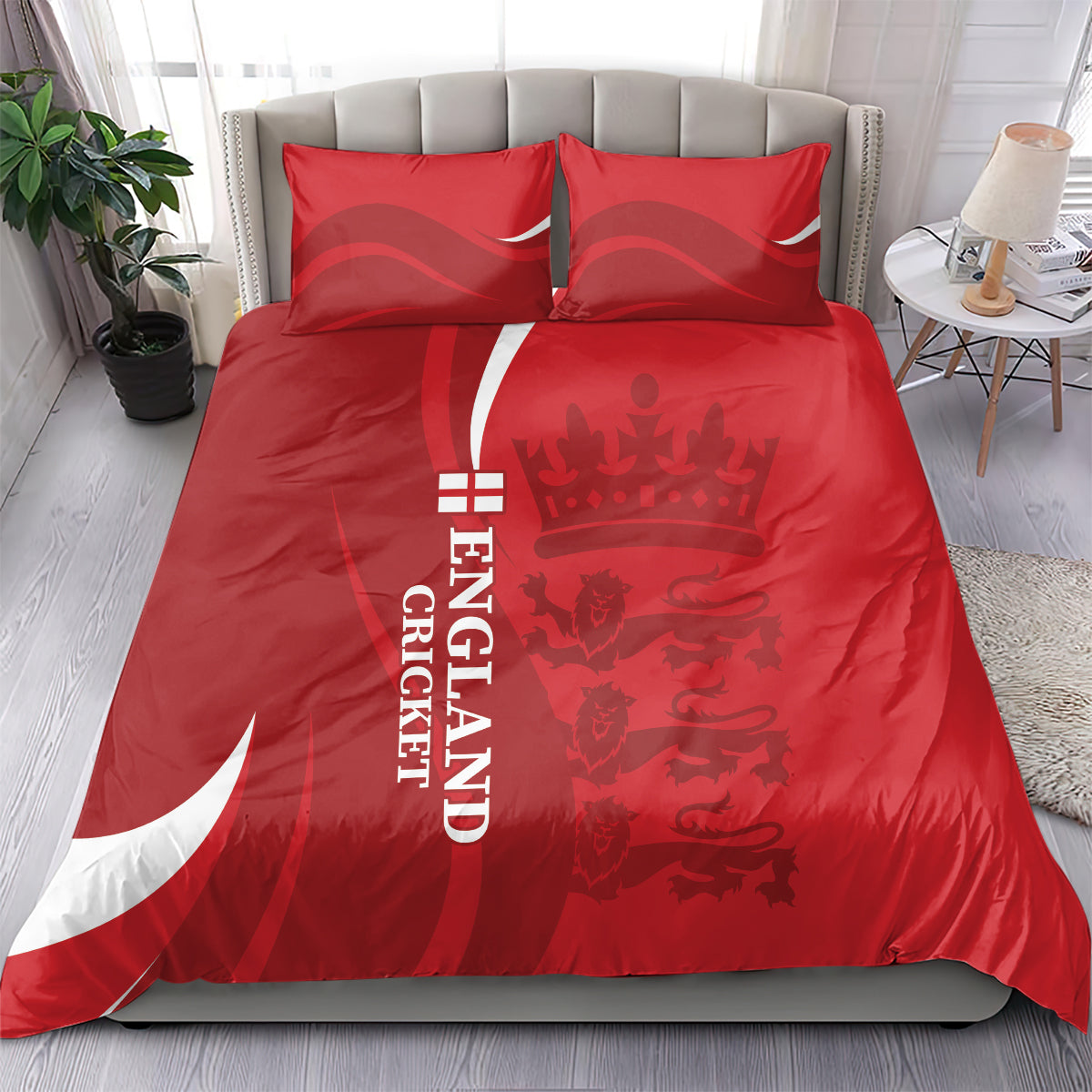Red England cricket bedding set with 2 matching pillowcases and printed logo on duvet