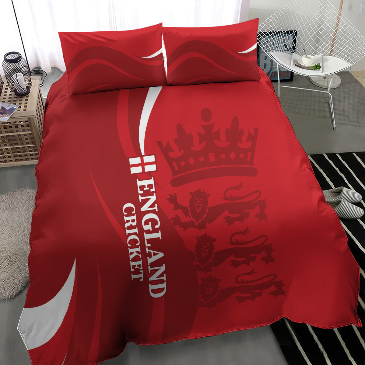 Red duvet cover set with 2 pillowcases; England Cricket printed and crown/lion graphic