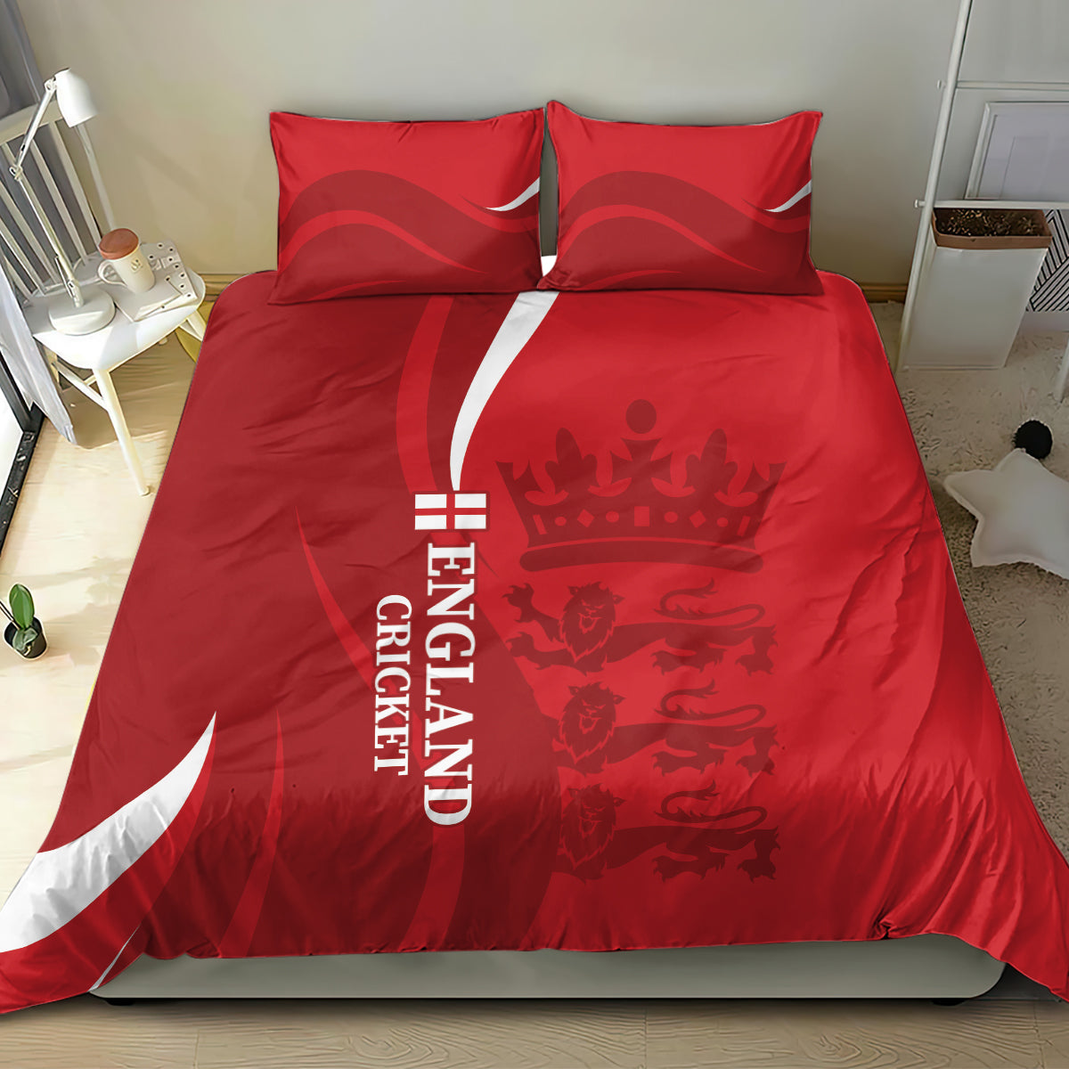 Red England cricket bedding set with 2 pillowcases and duvet featuring flag stripe graphic