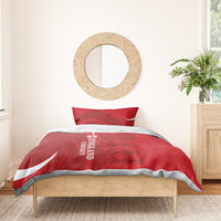 Red bedding set with duvet and pillow featuring England Cricket text and lion/crown graphics