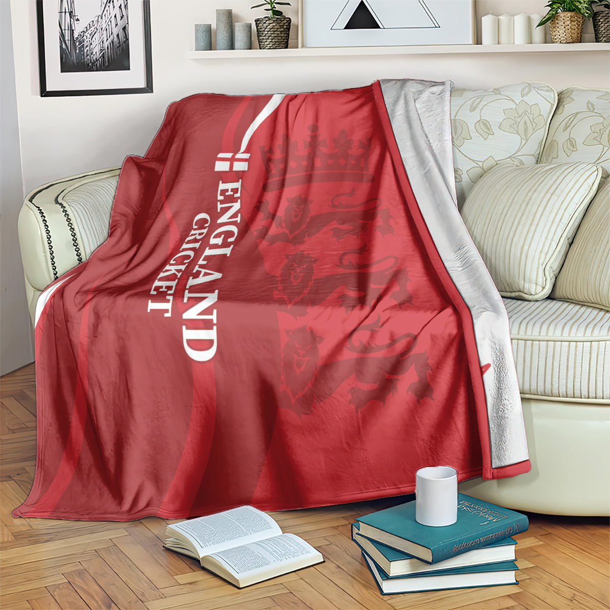 Red England cricket blanket with white vertical “ENGLAND CRICKET” logo and lion crown emblem