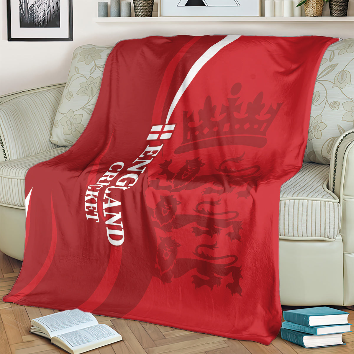 Red England cricket blanket with white diagonal stripe and vertical “ENGLAND CRICKET” text