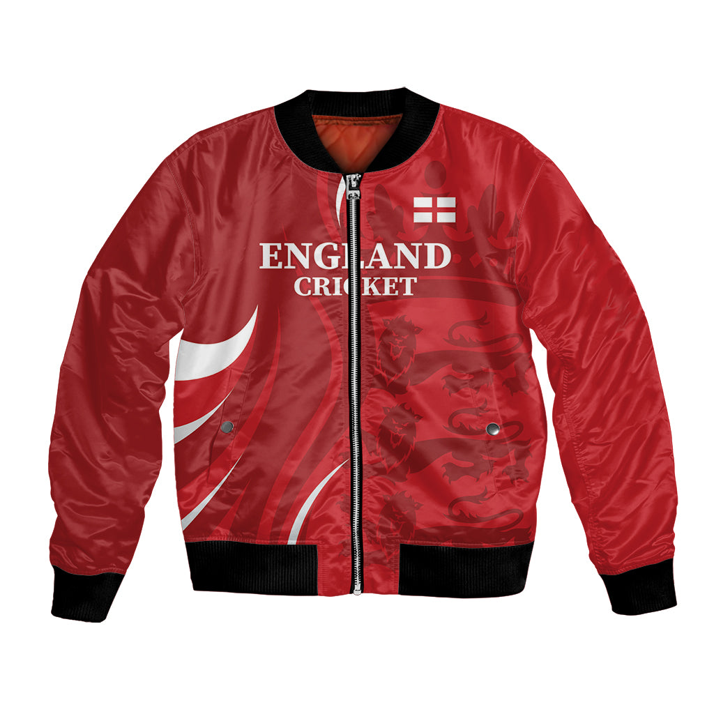 Red bomber jacket with zipper, black rib cuffs/hem, England Cricket front graphic