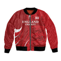 Red bomber jacket with zipper, black rib cuffs/hem, England Cricket front graphic