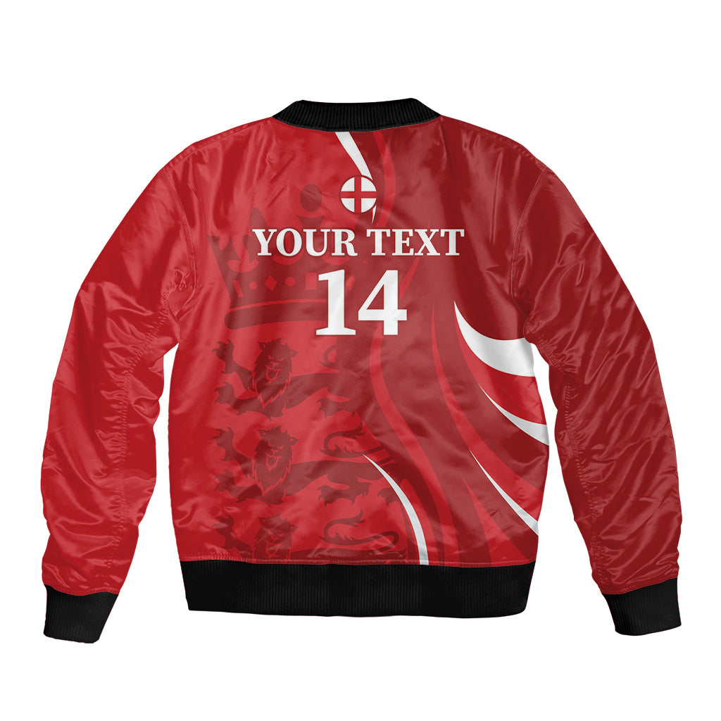 Red bomber jacket back with number 14, Your Text, black rib cuffs/hem, crest stripe
