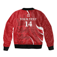 Red bomber jacket back with number 14, Your Text, black rib cuffs/hem, crest stripe