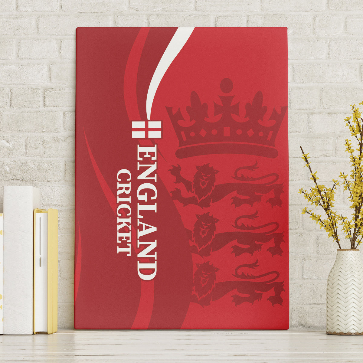 Red England cricket canvas wall art with white stripe, crown and lion emblem, vertical.