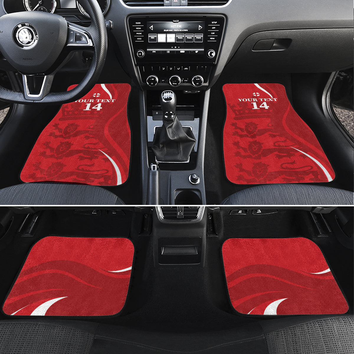 Red England cricket car floor mat set with '14' graphics, front and rear
