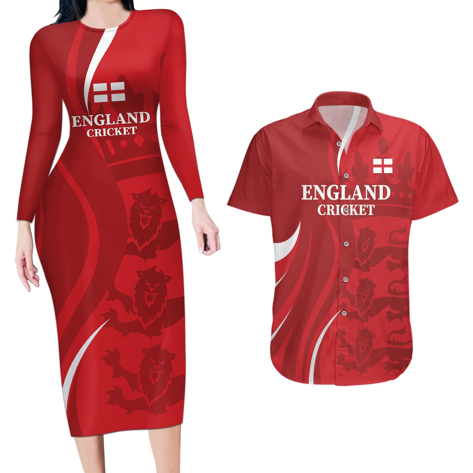 Custom England Cricket Couples Matching Long Sleeve Bodycon Dress and Hawaiian Shirt 2024 World Cup Go Champions - Wonder Print Shop