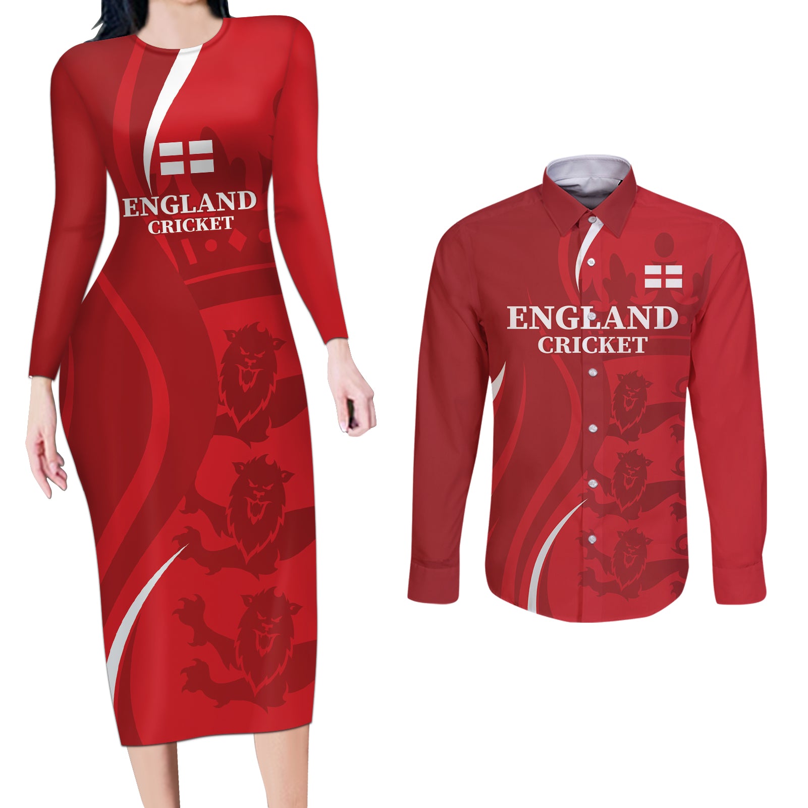 Custom England Cricket Couples Matching Long Sleeve Bodycon Dress and Long Sleeve Button Shirt 2024 World Cup Go Champions - Wonder Print Shop