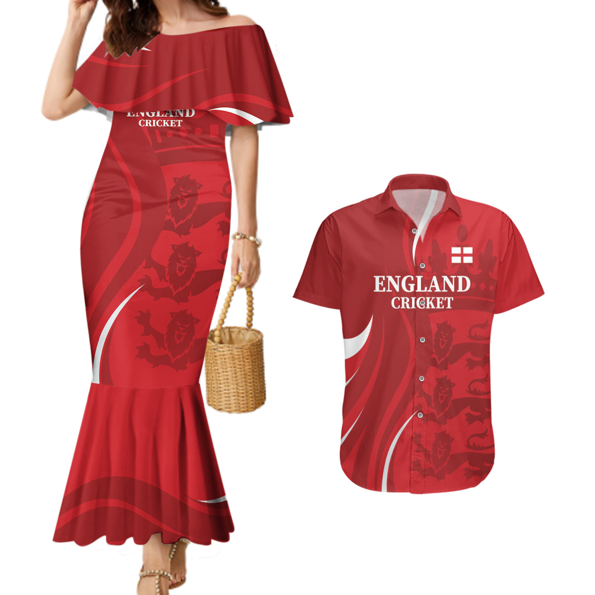 Custom England Cricket Couples Matching Mermaid Dress and Hawaiian Shirt 2024 World Cup Go Champions - Wonder Print Shop