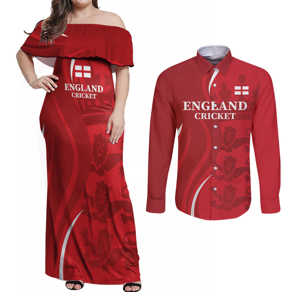 Custom England Cricket Couples Matching Off Shoulder Maxi Dress and Long Sleeve Button Shirt 2024 World Cup Go Champions - Wonder Print Shop