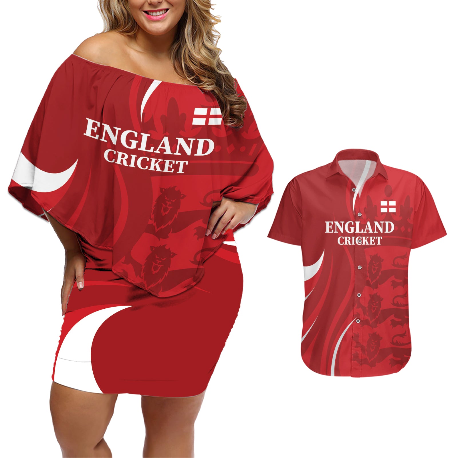 Custom England Cricket Couples Matching Off Shoulder Short Dress and Hawaiian Shirt 2024 World Cup Go Champions - Wonder Print Shop