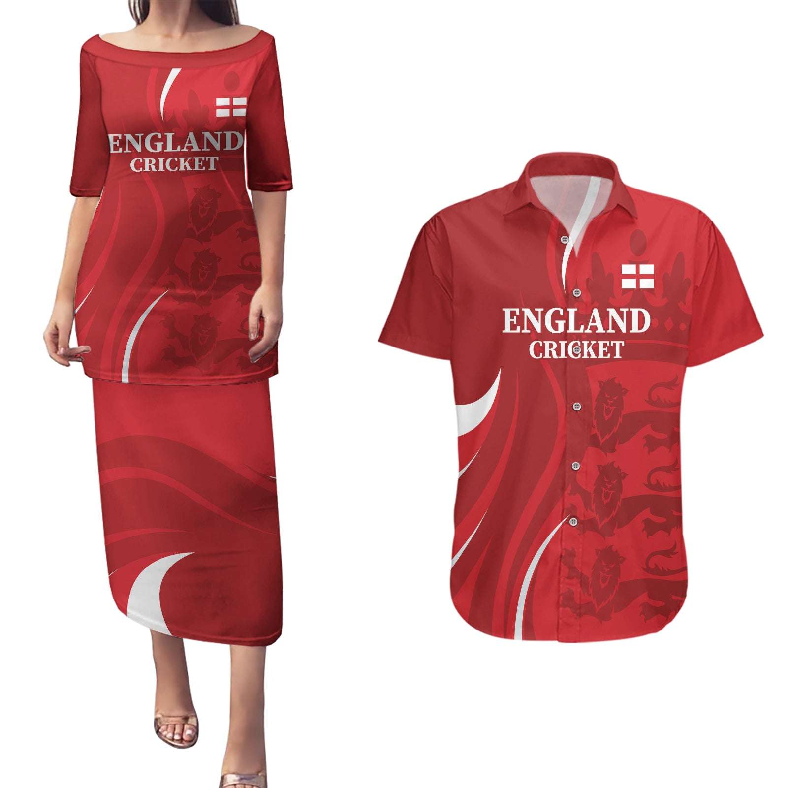 Custom England Cricket Couples Matching Puletasi and Hawaiian Shirt 2024 World Cup Go Champions - Wonder Print Shop