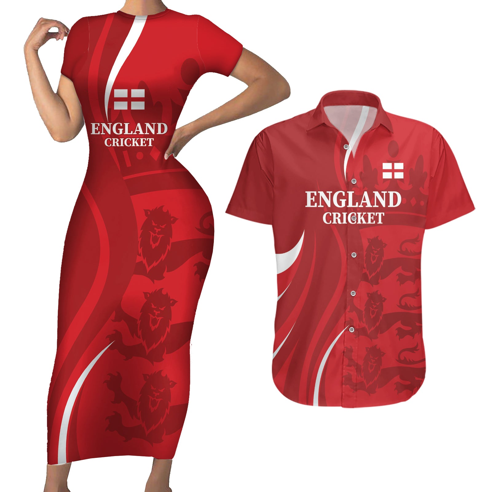 Custom England Cricket Couples Matching Short Sleeve Bodycon Dress and Hawaiian Shirt 2024 World Cup Go Champions - Wonder Print Shop