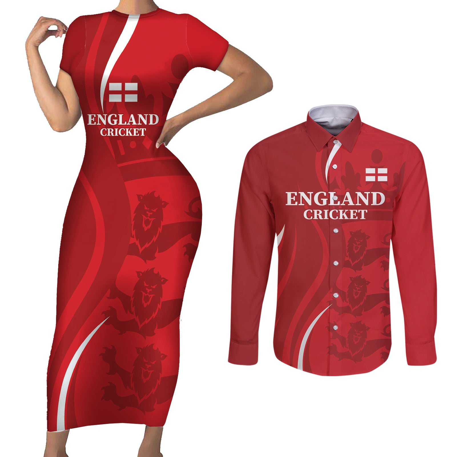 Custom England Cricket Couples Matching Short Sleeve Bodycon Dress and Long Sleeve Button Shirt 2024 World Cup Go Champions - Wonder Print Shop