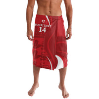 Red cricket lavalava shorts with white emblem and "YOUR TEXT 14" print