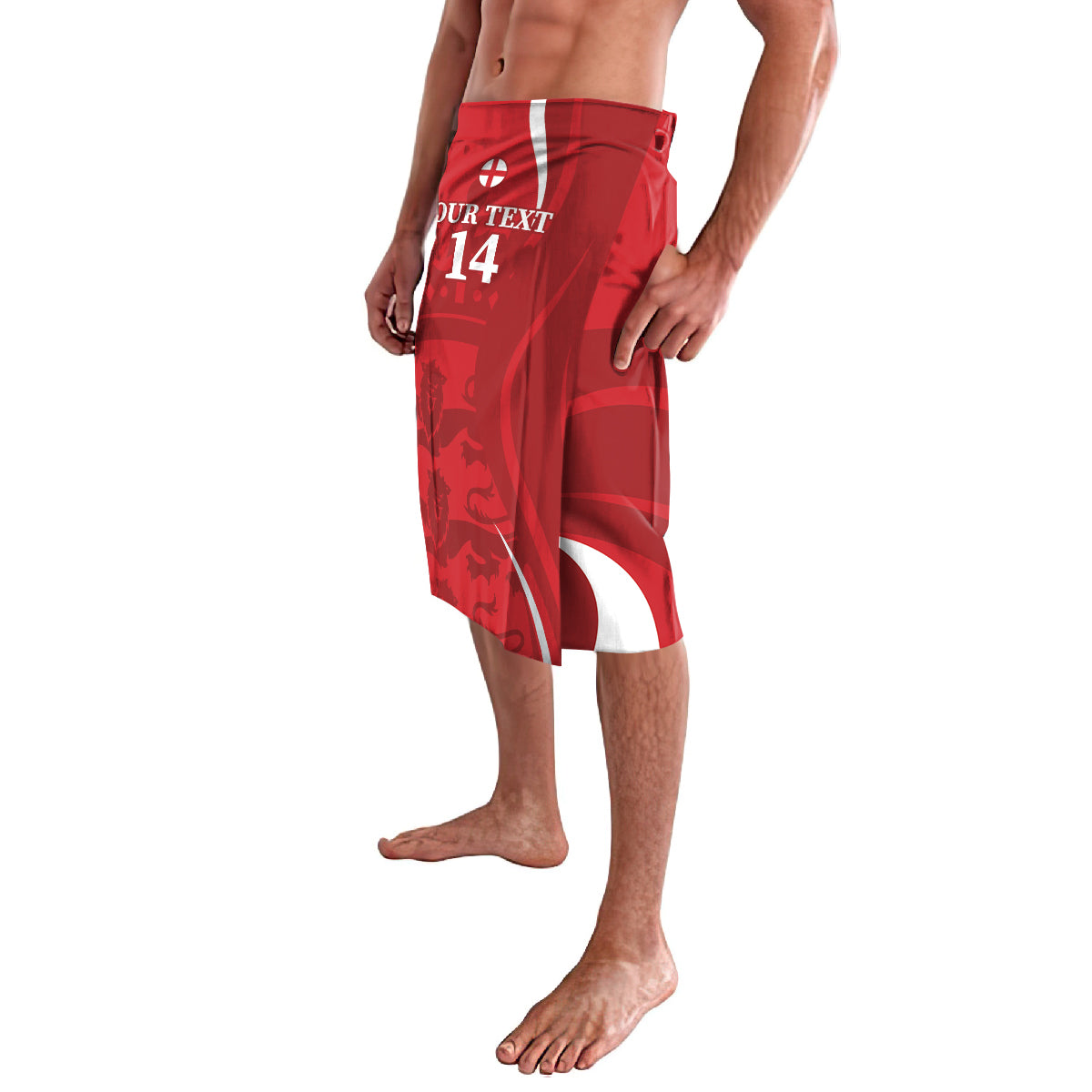 Red cricket lavalava shorts with white emblem and "YOUR TEXT 14" on front