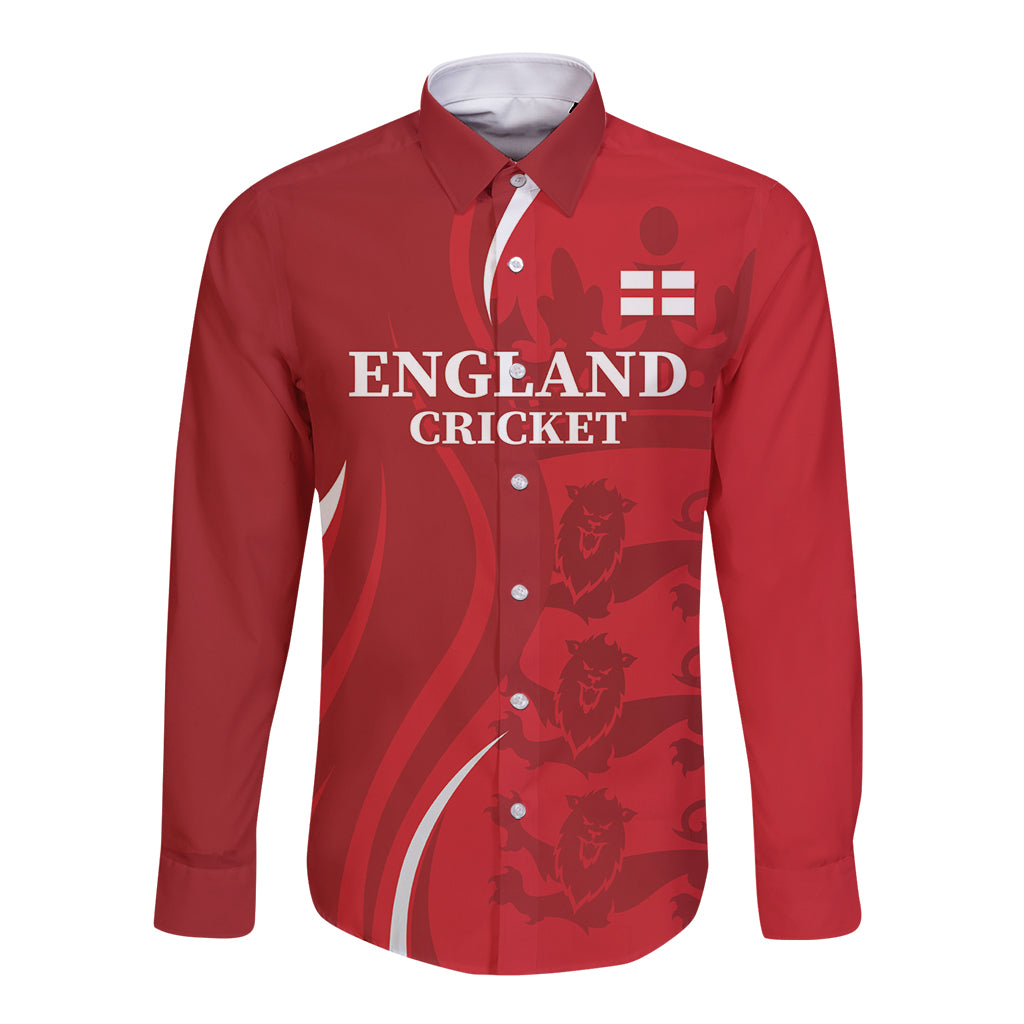 Red long-sleeve cricket button shirt with England graphic and shield pattern