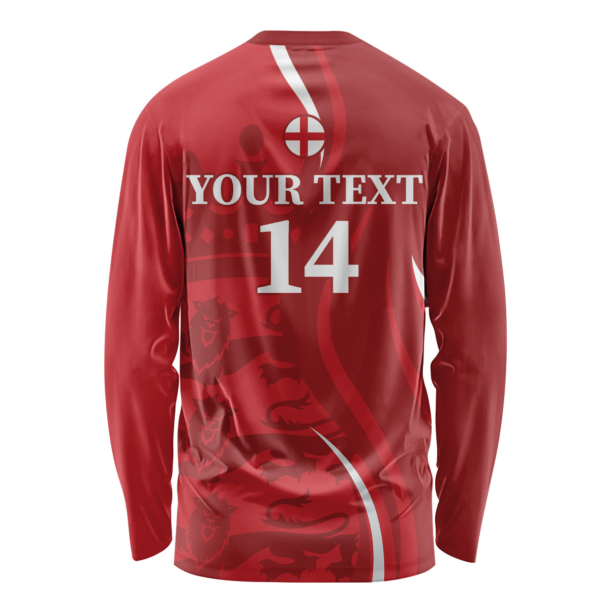 Red long-sleeve shirt back print with YOUR TEXT, 14, and England emblem