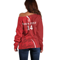 Red off-shoulder sweater with "YOUR TEXT 14" back graphic print